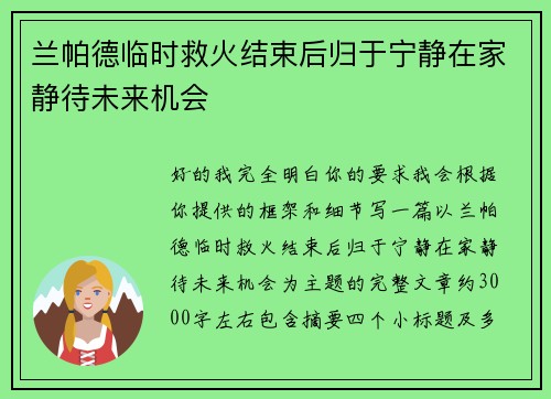 兰帕德临时救火结束后归于宁静在家静待未来机会