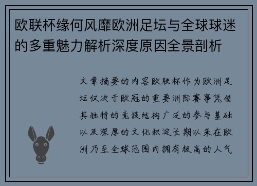 欧联杯缘何风靡欧洲足坛与全球球迷的多重魅力解析深度原因全景剖析