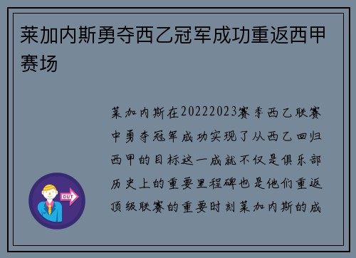 莱加内斯勇夺西乙冠军成功重返西甲赛场